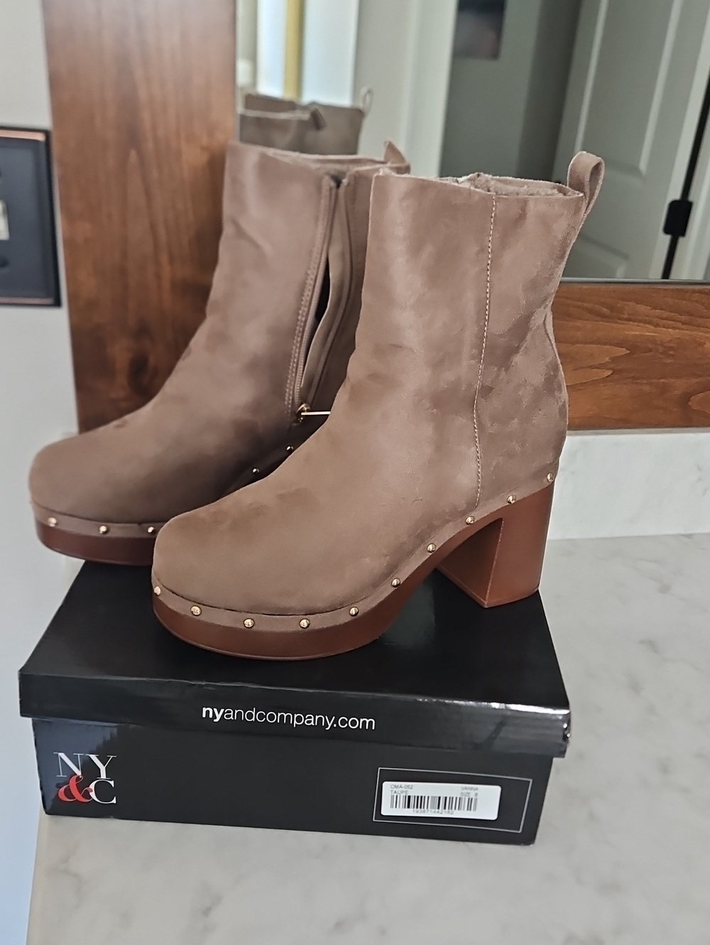 New York & Company Vanna Taupe Suede Platform Ankle Boots with Studded Trim